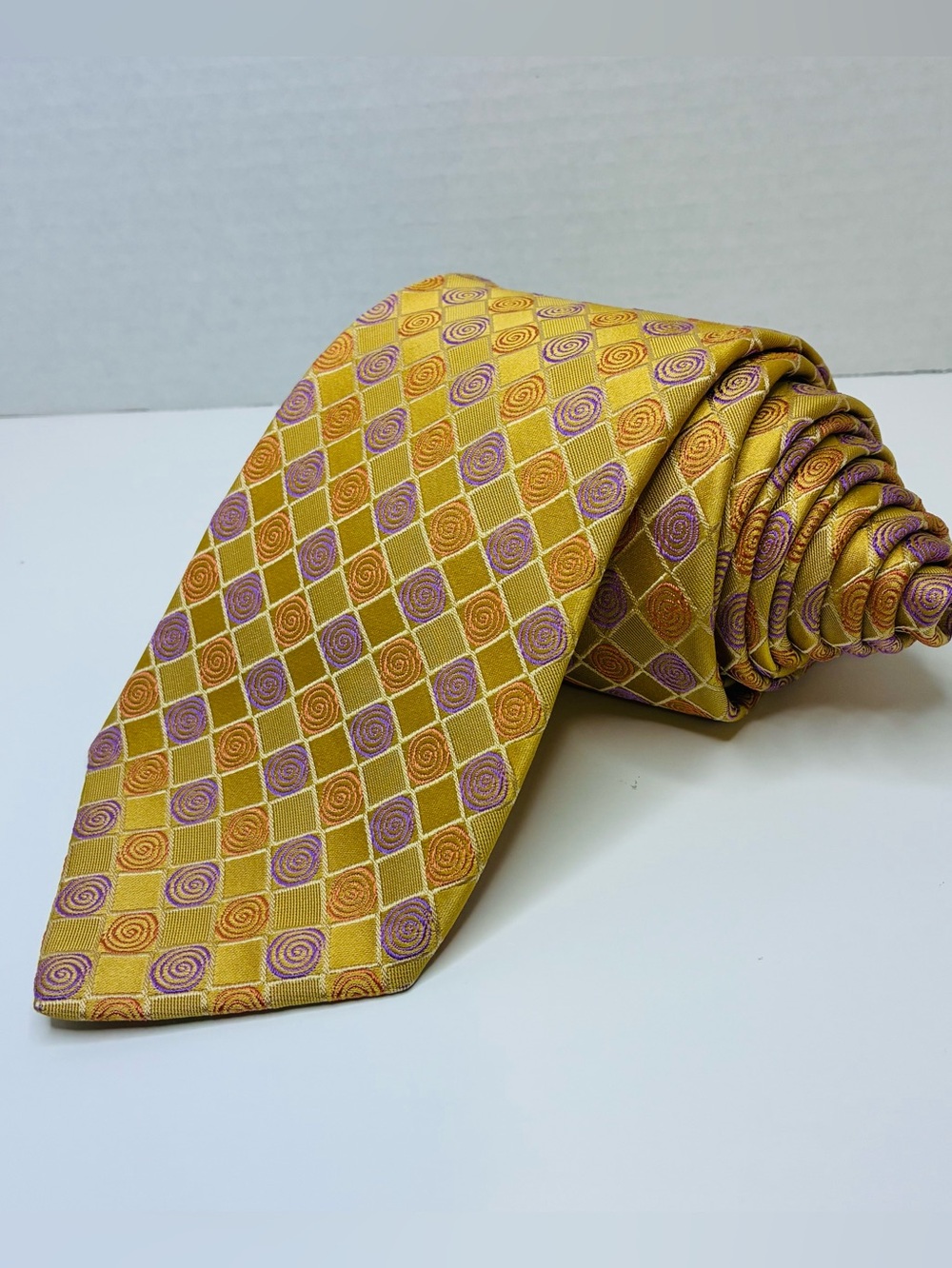 Vintage Ted Baker London Silk Tie Gold Yellow Purple Orange Geometric Swirl 61”